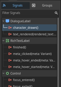 character_drawn signal being highlighted in the Node dock