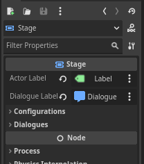 Label and DialogueLabel node assigned on the Stage inspector